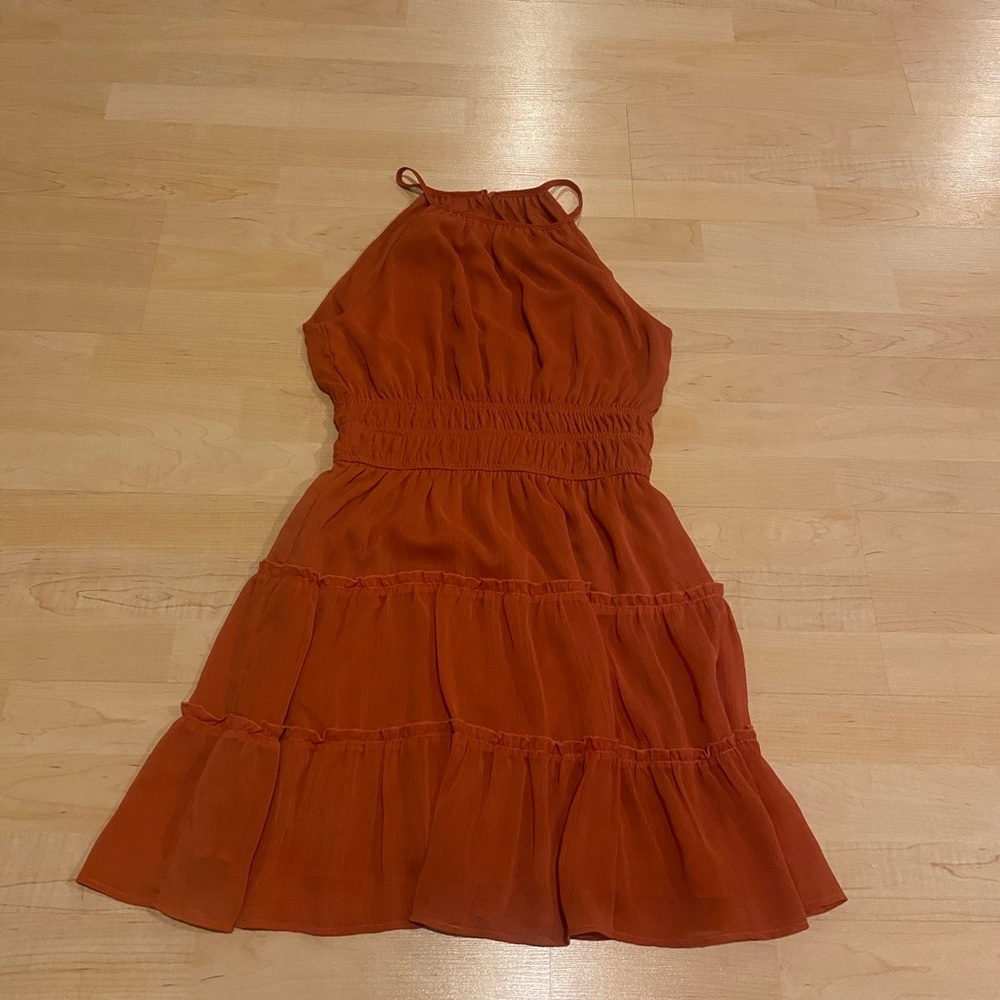 Rust Orange Halter Tiered Mini Country Western Boho Festival Dress Size Medium - Picture 3 of 6